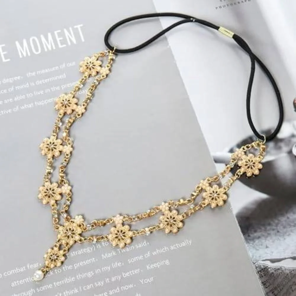 Gold Floral Rhinestone Pearl Double Chain Headband Boho Bridal‎ Hair Accessory
